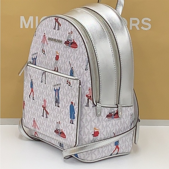 Michael Kors Jet Set Girls Adina Medium Backpack MK Bright White Silver Multi - Picture 3 of 15